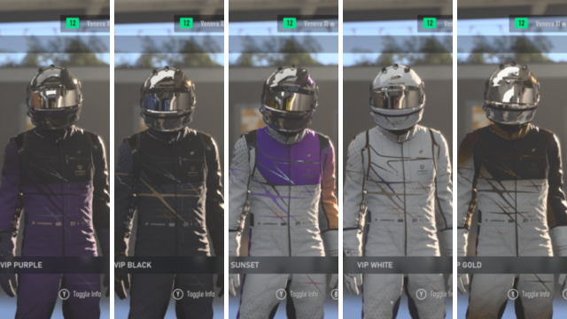 An image showing the five VIP driver suits in Forza Motorsport that are purple, black, sunset, white, and gold.