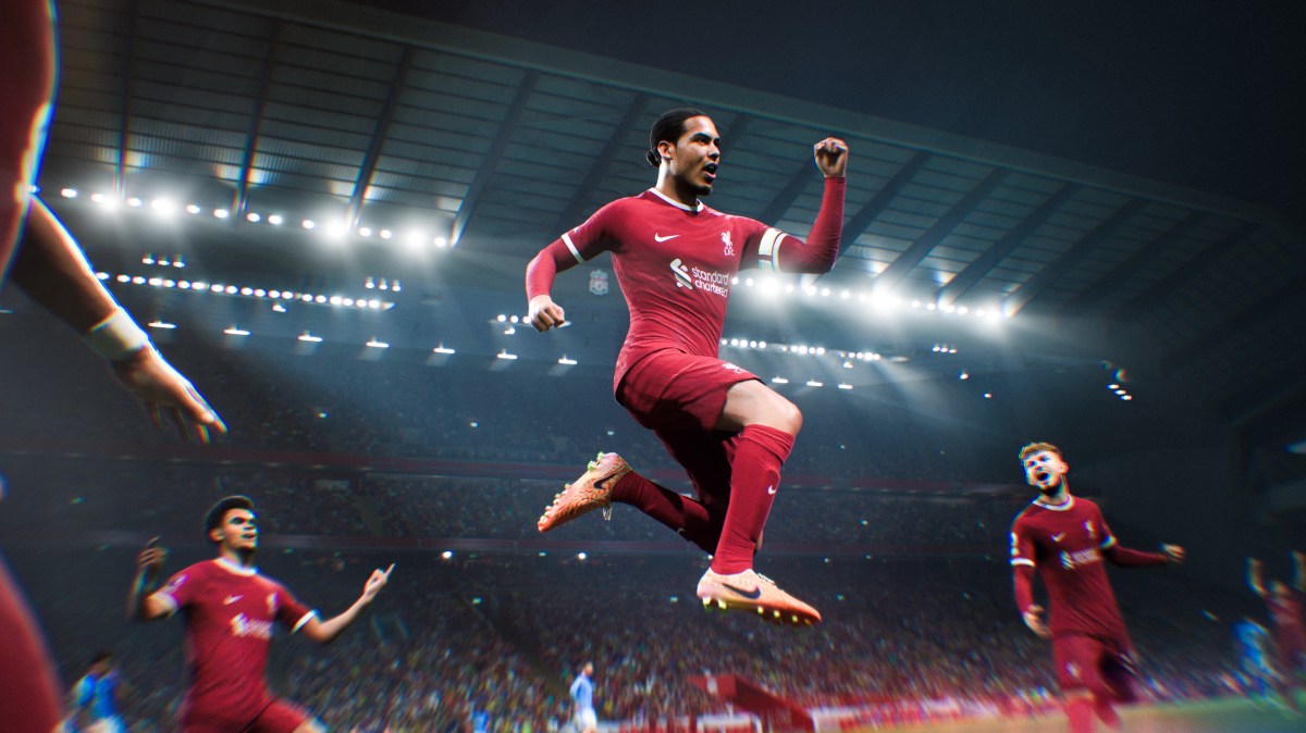 Virgil van Dijk celebrates scoring for Liverpool in EA FC 24 Ultimate Team.