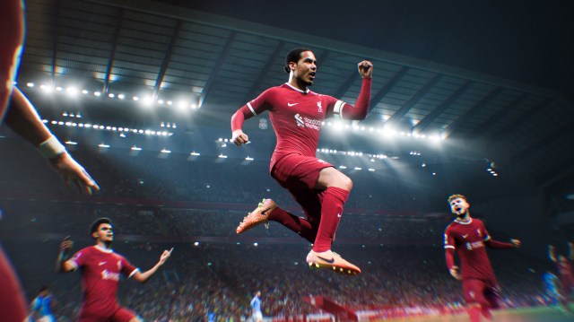 Virgil van Dijk celebrates scoring for Liverpool in EA FC 24 Ultimate Team.
