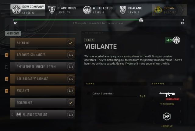 Image which has a range of missions on the screen relating to factions in DMZ. Shadow Company is selected and the mission