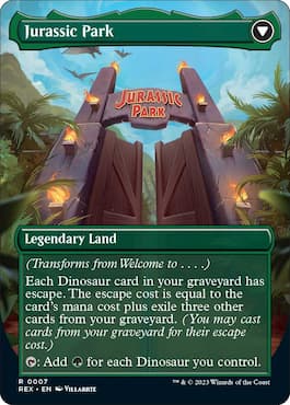 Image of gates to Jurrasic Park through MTG Jurrasic World Universes Beyond Jurassic Park legendary land