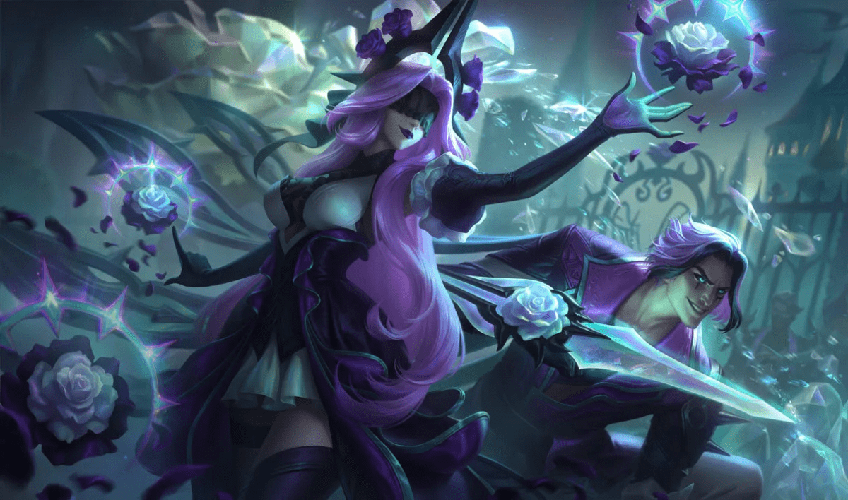 Syndra touching one of her balls and Talon behind her grinning