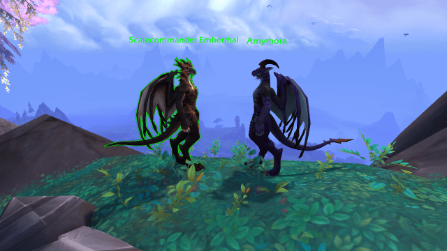 Two Dracthyr Evokers standing in Valdrakken and talking