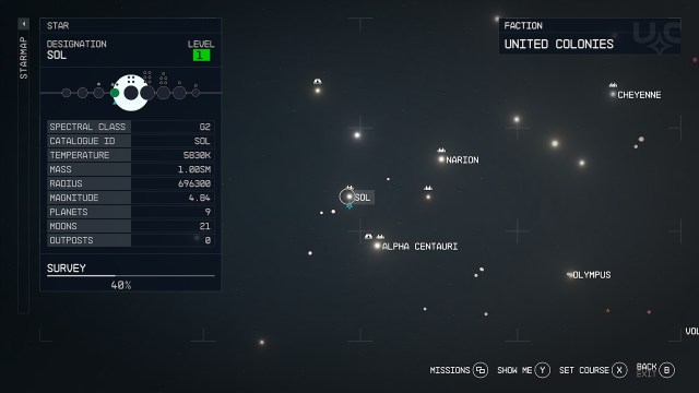 A screenshot of the Sol system as it appears in the Starfield starmap