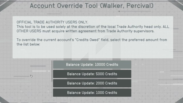 The account override menu on a computer terminal in Starfield.