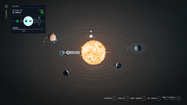 Image of the map for the Olympus Star System, displaying the location of the Almagest vessel.