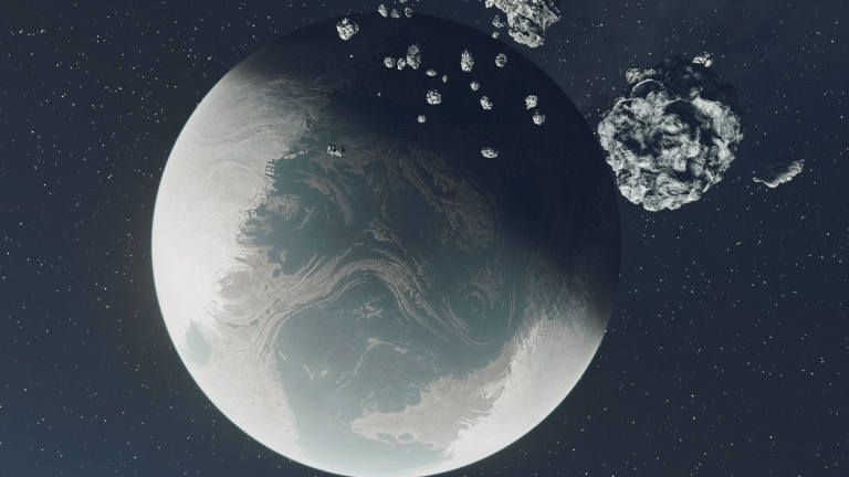 Image of an icy planet with several asteroids floating in its orbit.