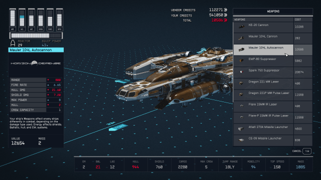 Image of a large space ship on a blue print background, displaying different weapon systems.