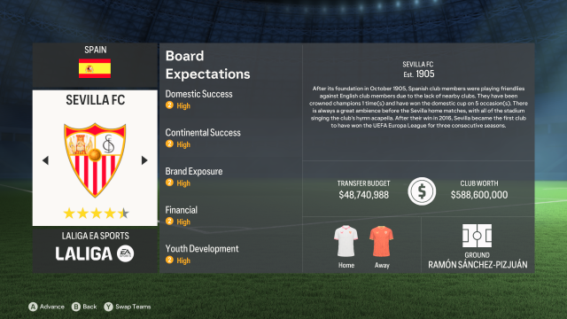 Details for LaLiga club Sevilla in EA FC 24 Career Mode.