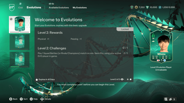 The in-progress screen for Welcome to Evolutions in EA FC, showing Karou Mitoma as the selected player.