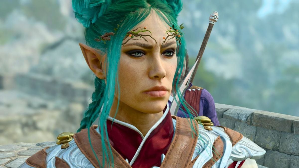 Woman with green hair and armor standing on a stone bridge in BG3