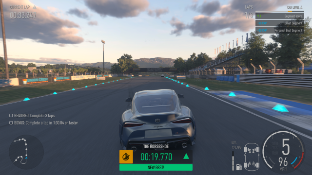 A Toyota Supra in Forza Motorsport during a Practice session after completing a Segment.