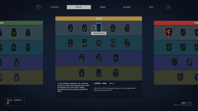 The skill tree showing the Persuasion ability