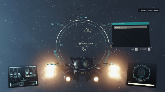 A player spaceship looting some defeated enemy ships in Starfield.