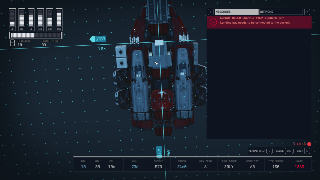 Our ship with the Landing Bay needs to be connected to Cockpit error on the screen