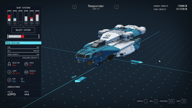 The Responder ship's stats 