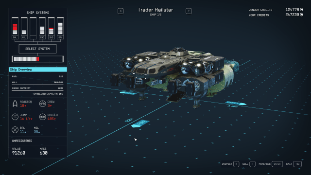 The Trader Railstar's ship stats