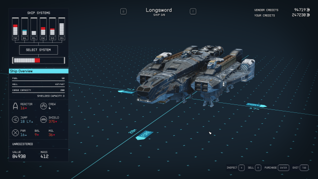 The Longsword's ship stats