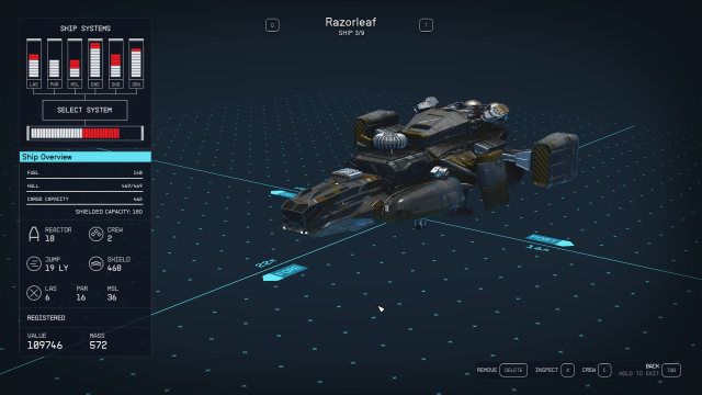 The Razorleaf ship, a gray and gold vehicle against a navy background.