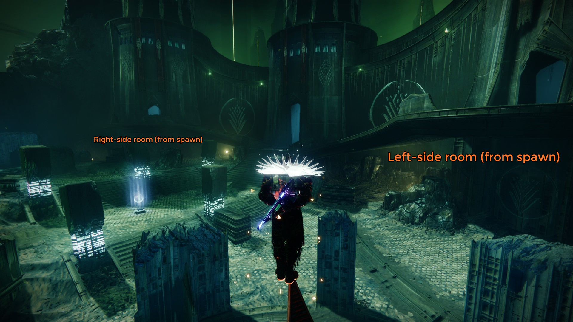 An image showing a Titan emoting by the Bridge encounter in Crota's End, with a marked room on each side of the starting area.