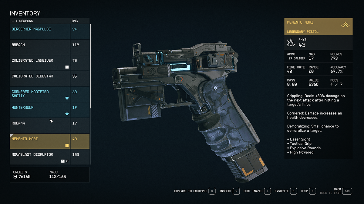 A futuristic looking handgun in Starfield. 