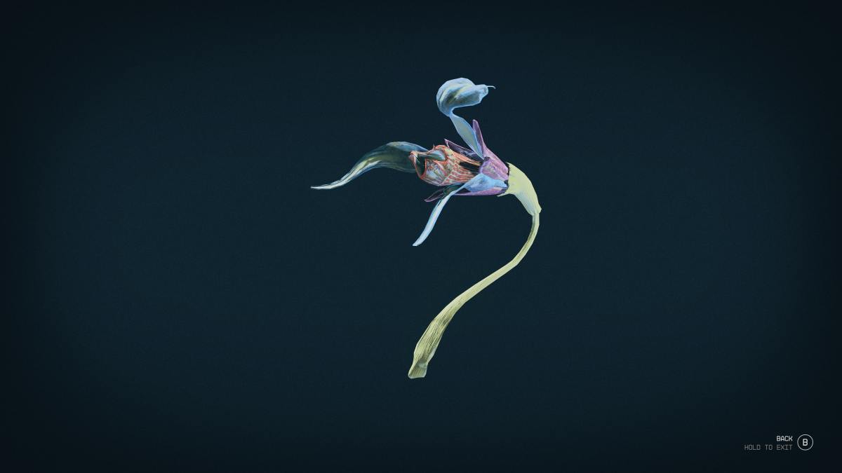 An in game screenshot of an alien flower in the game Starfield.