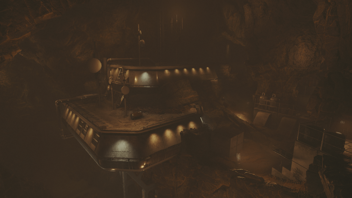 An in game screen shot of the Red Devils HQ in the city of Cydonia from the game Starfield.