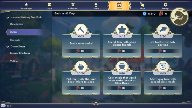 The duties page of the Haunted Holiday Star Path.