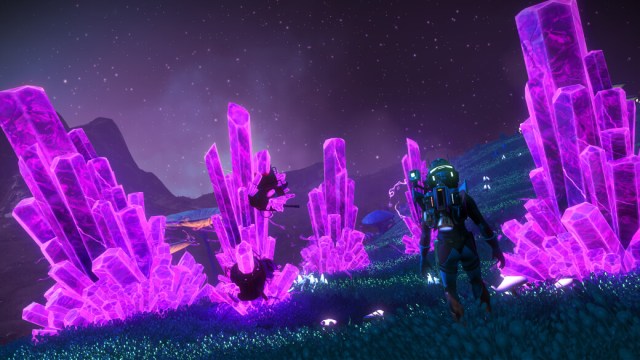 The player character investigating mysterious technology imbued in alien crystals in No Man's Sky.