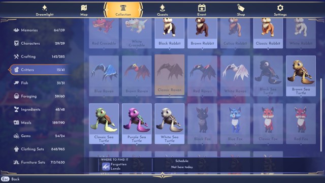 The critters page with the Classic Raven selected.