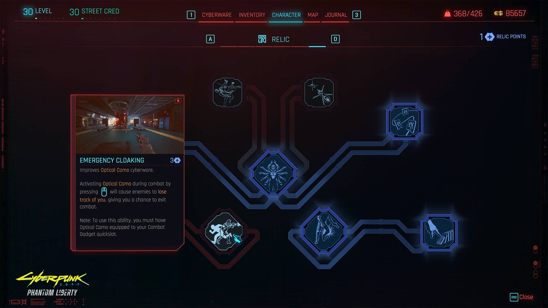 Relic skill tree in Cyberpunk 2077.