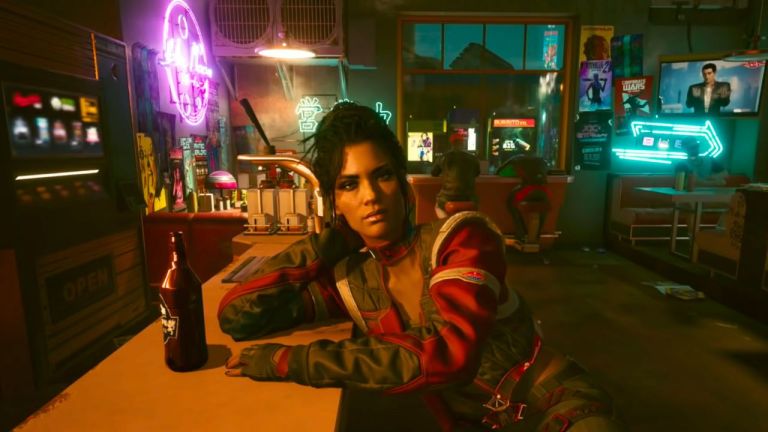 A woman leaning against a bar surrounded by neon lights cyberpunk 2077