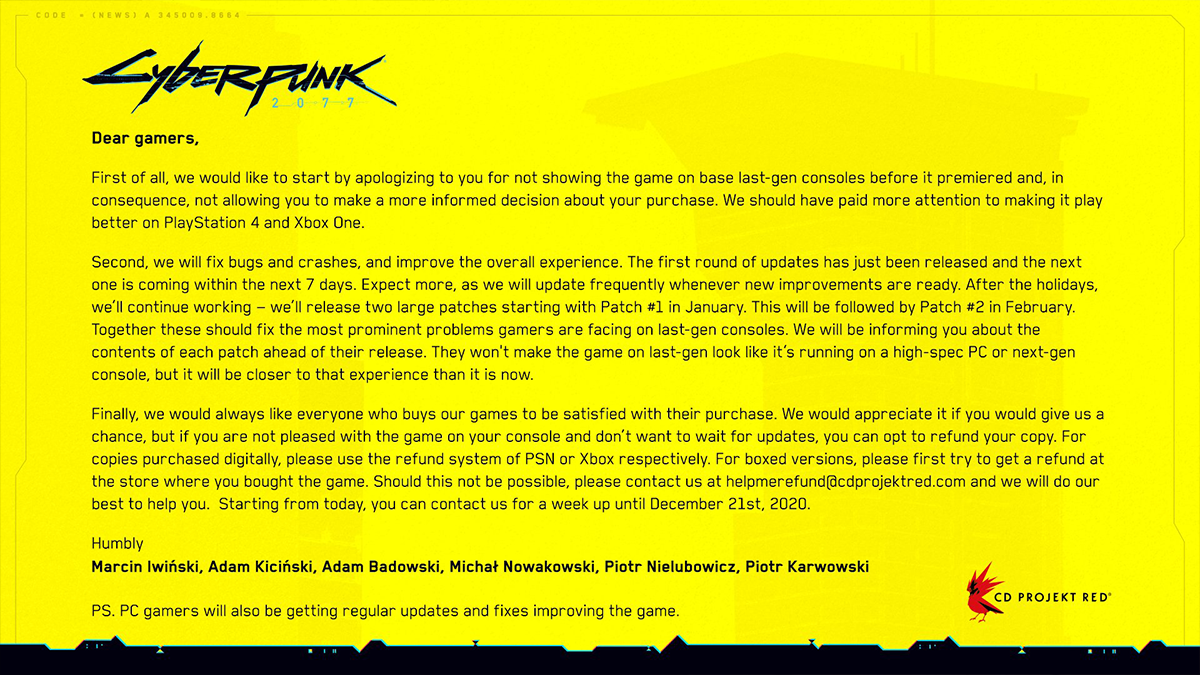 A statement from the game studio CD Projekt Red regarding the launch issues with Cyberpunk 2077. 