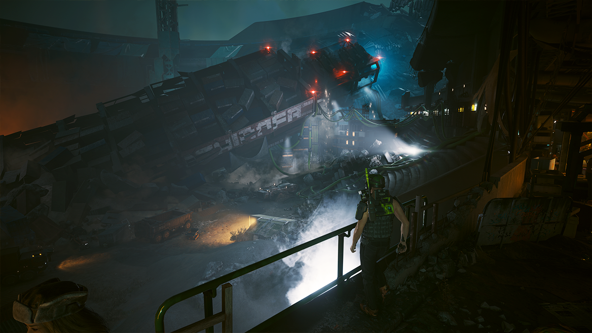 A crashed cargo ship lies in the wreckage of an old stadium in Cyberpunk 2077. 