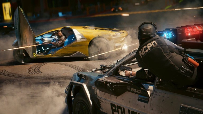 A police officer shooting at a car of thugs in Cyberpunk 2077.