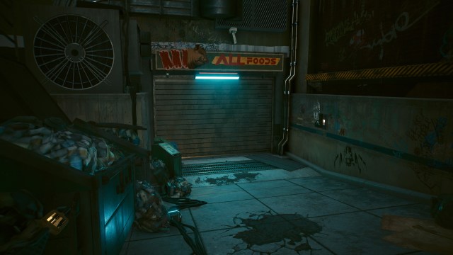 The entrance to the All Foods plant in Cyberpunk 2077.