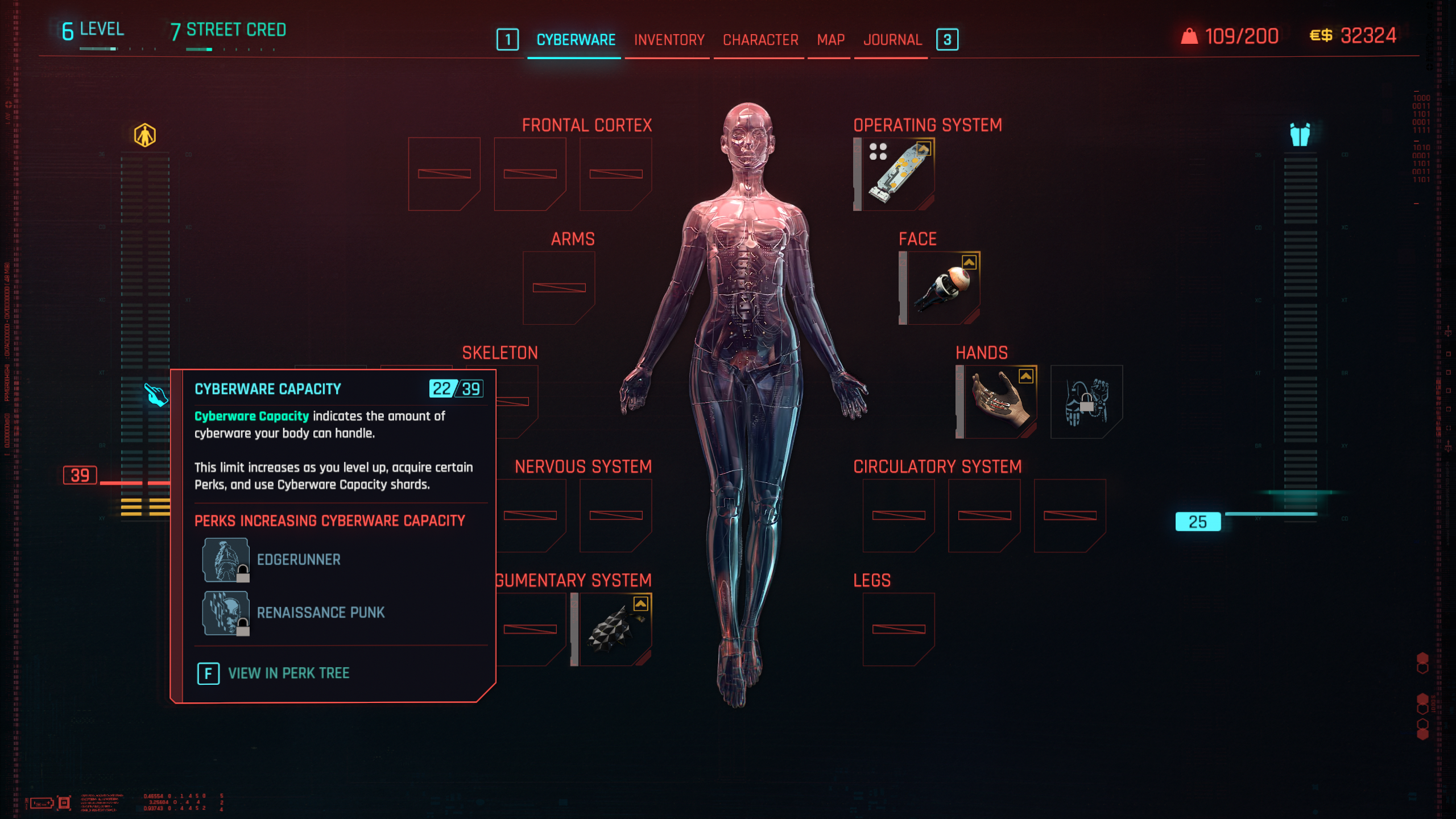 The Cyberware menu in Cyberpunk 2077.