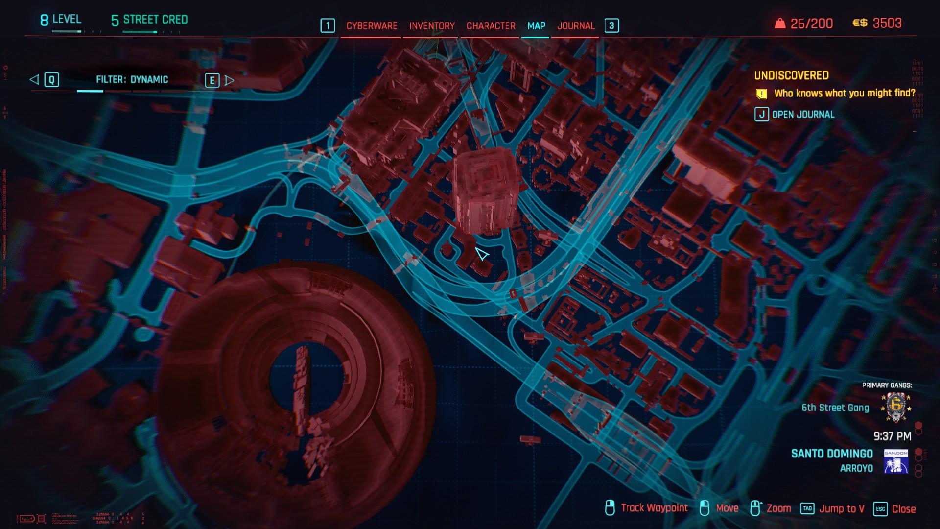 A screenshot of a blue and red map of a city in Cyberpunk 2077, with the location of a side job marked.