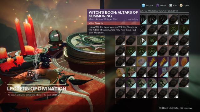 The Lectern of Divination's upgrade screen from Destiny 2 is shown. The mouse cursor is hovering over an upgrade called Witch's Boon: Altars of Summoning.