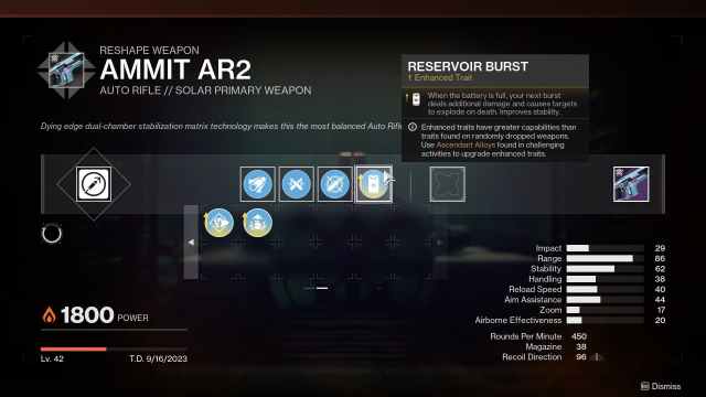 Destiny 2 crafting menu that has Ammit AR2 auto rifle with Reservoir Burst perk installed.