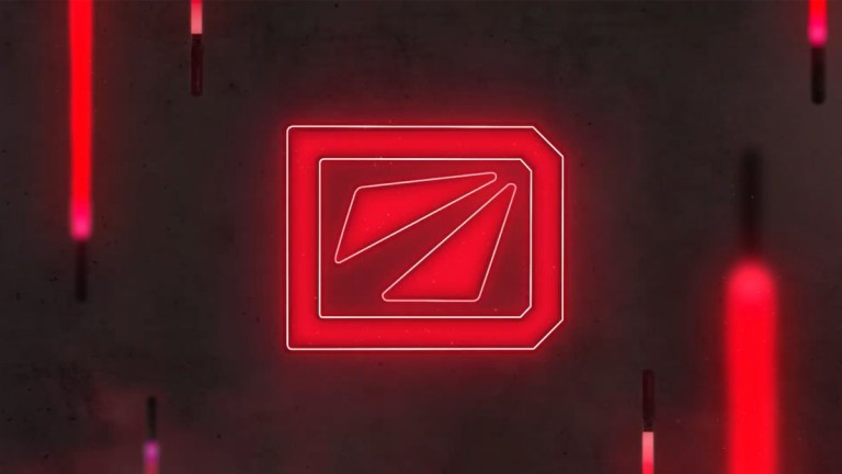 A glowing red logo in neon lights, representing DreamLeague, with some red artifacts floating around.