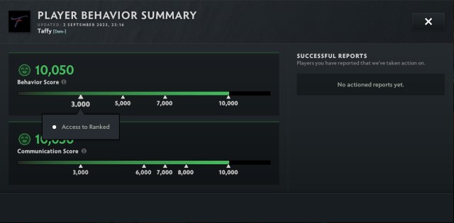 A player's behavior score in Dota 2, with the required score for ranked highlighted.