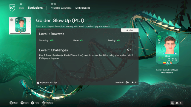 The Golden Glow Up Pt. I Evolution in EA FC 24, showing Gori as the submitted player.