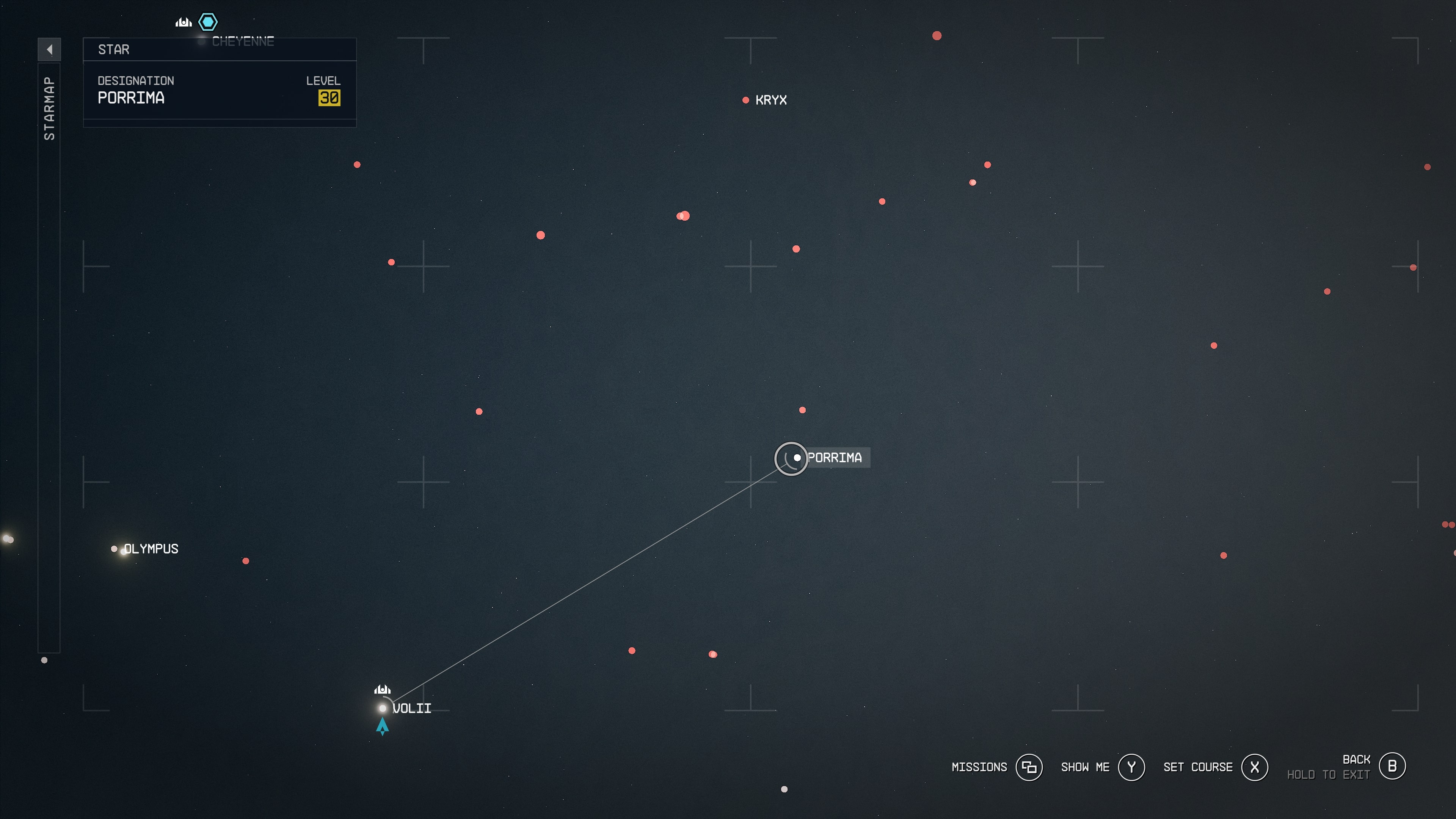 An in-game shot of the starmap surrounding the Porrima star system on the star map in the sci-fi game Starfield. 