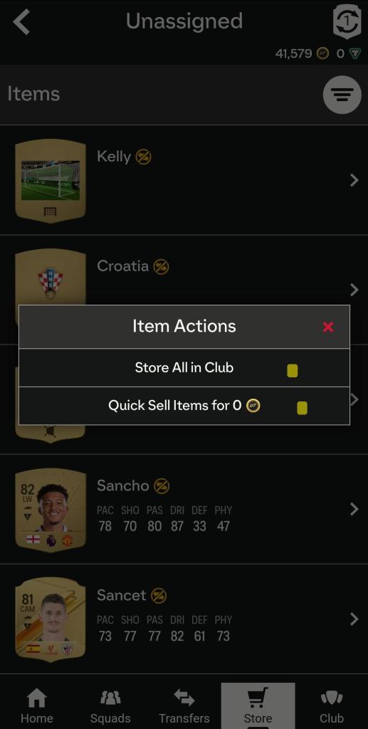 Item Actions prompt in EA FC 24 Ultimate Team