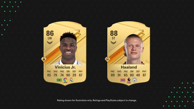 Ultimate Team items for Vinicius Jr. and Erling Haaland shown in a promotional image.