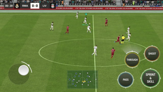 A gameplay screenshot from EA FC Mobile showing a match between Real Madrid and Liverpool.