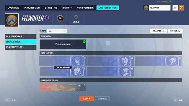 Hero Mastery rewards in the profile customization tabs. They include blue name cards and player icons with a portrait of the hero