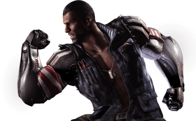 Mortal Kombat XL render featuring Jax turned sideways and flexing one arm.