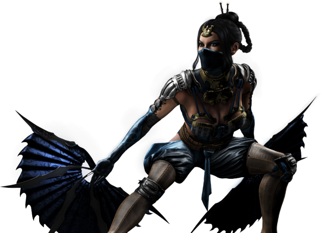 Mortal Kombat XL render featuring Kitana squatting and holding open fans.